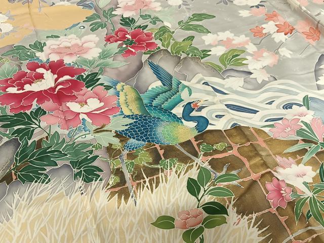 平和屋着物●豪華振袖　友禅　泰常好み　風景花鳥文　暈し染め　金彩　正絹　逸品　AAAV7499zg 平和屋着物○豪華振袖 友禅 泰常好み 風景花鳥文 暈し染め