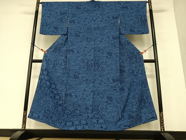 平和屋着物●本藍　型絵染　訪問着　流水草花文　正絹　逸品　未使用　AAAV7541zg