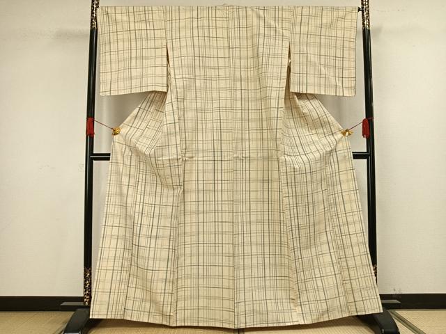 平和屋着物▽上質な紬 単衣 格子 正絹 逸品 AABA7701fy