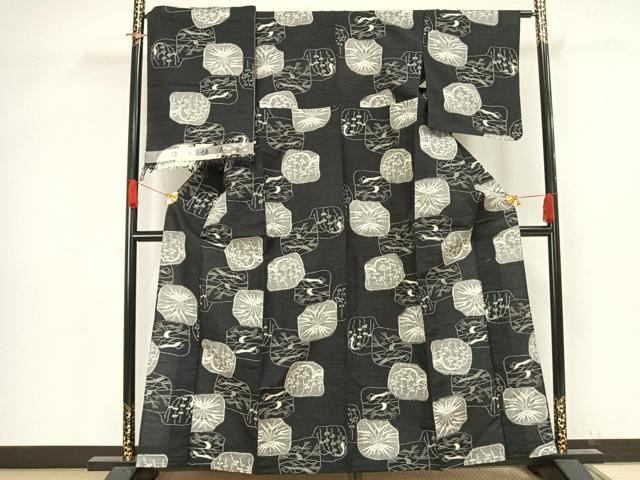 平和屋着物▽上質な紬 単衣 枝葉文 正絹 逸品 AAAV8482fy