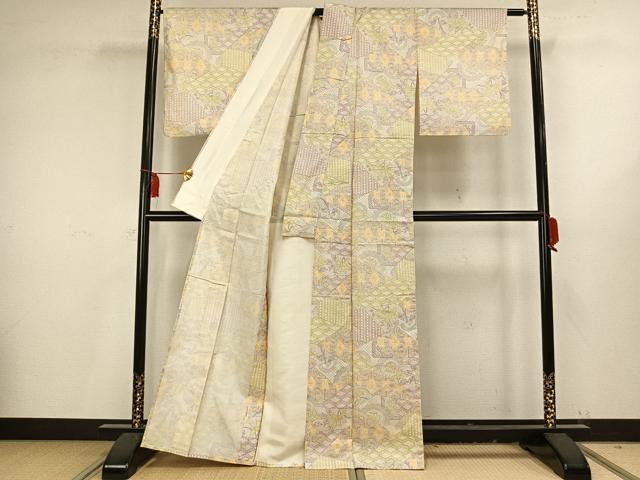 平和屋着物▽本場染大島紬 単衣 切り嵌め文 反端付き 正絹