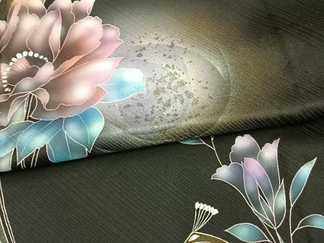 平和屋着物▽訪問着 単衣 草花文 暈し染め 黒地 金銀彩