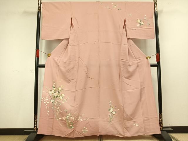 平和屋着物▽訪問着　単衣　友禅　草花文　正絹　逸品　AAAV8490fy