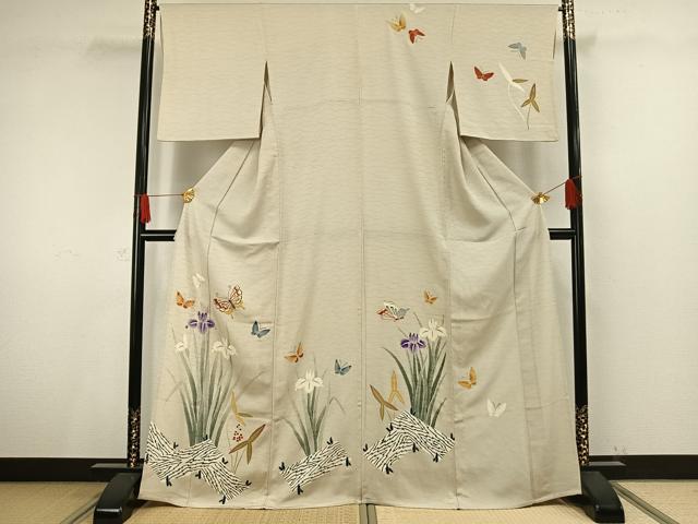 平和屋着物▽訪問着　単衣　花蝶文　鬼しぼ縮緬　霞色地　正絹　逸品　AAAV8509fy