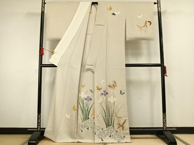 平和屋着物▽訪問着　単衣　花蝶文　鬼しぼ縮緬　霞色地　正絹　逸品　AAAV8509fy 平和屋着物▽訪問着 単衣 花蝶文 鬼しぼ縮緬 正絹 逸品