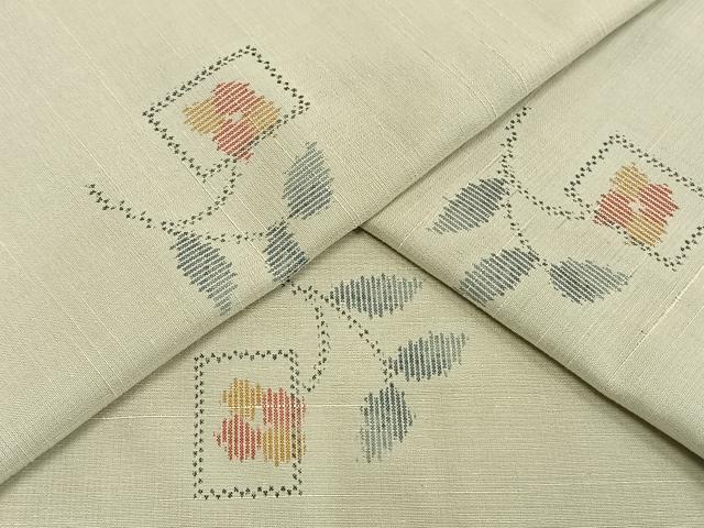 平和屋着物▽上質な紬　単衣　色紙草花文　正絹　逸品　AAAV8513fy