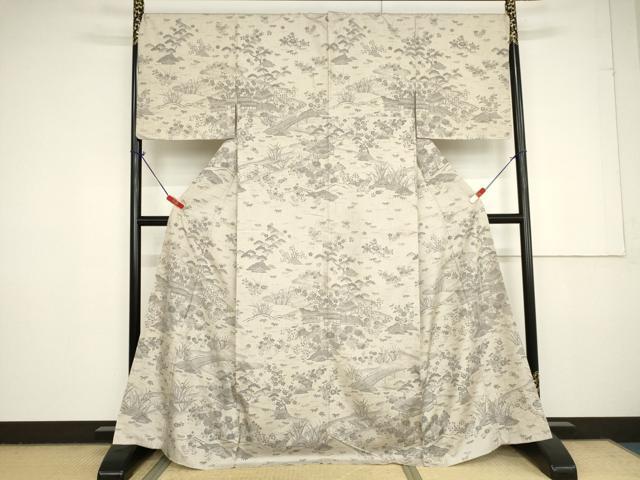 平和屋着物●二代目 川村久太郎　訪問着　紬地　風景草花文　正絹　逸品　AAAV8922ma