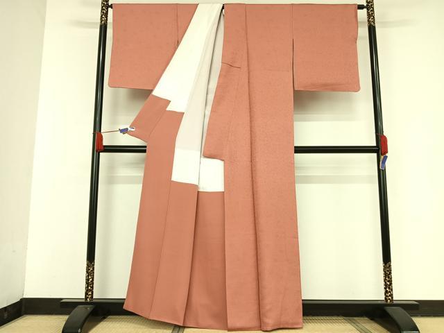 平和屋着物○染色作家 斉藤三才 小紋 紬地 草葉文 ロング丈 正絹 逸品