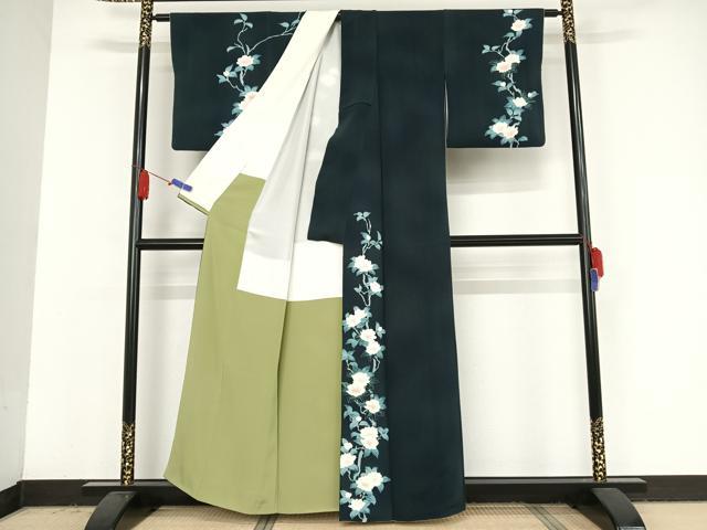 平和屋着物●十日町　加賀草木友禅の第一人者　田村哲彦　訪問着　枝花間道　暈し染め　鬼しぼ縮緬　正絹　逸品　AAAV9049np 平和屋着物○十日町 加賀草木友禅の第一人者 田村哲彦 訪問