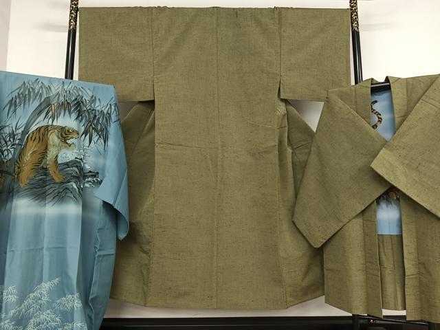 平和屋着物▽男性　紬　アンサンブル　長襦袢(単衣)セット　単衣　草色　正絹　逸品　AAAV9073np
