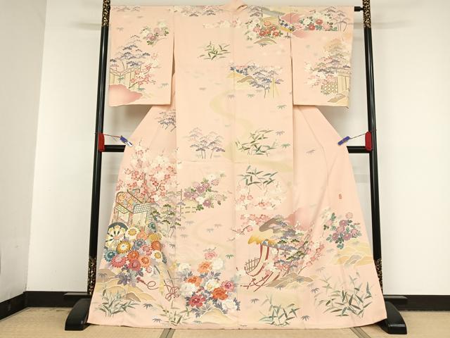 平和屋着物●訪問着　友禅　作家物　御所車花文　ロング丈　正絹　逸品　AAAV9102np