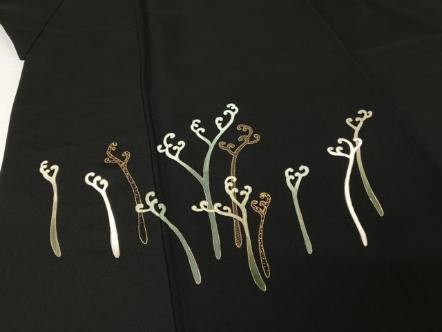 平和屋着物●訪問着　刺繍　蕨　黒地　金糸　金彩　正絹　逸品　AAAV9105np 平和屋着物○訪問着 刺繍 蕨 黒地 金糸 金彩 正絹 逸品 AAAV9105np