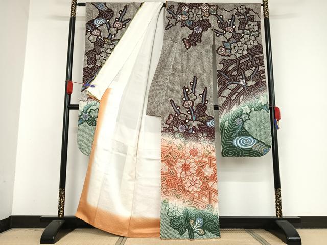 平和屋着物○豪華振袖 総絞り 渡橋草花文 暈し染め 金銀彩