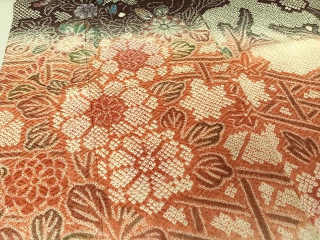 平和屋着物●豪華振袖　総絞り　渡橋草花文　暈し染め　金銀彩　鈴乃屋扱い　正絹　逸品　AAAV9110np 平和屋着物○豪華振袖 総絞り 渡橋草花文 暈し染め 金銀彩