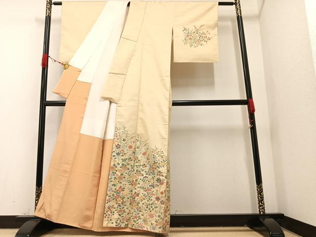 平和屋着物▽訪問着 単衣 紬地 手描き 流水草木文 正絹 逸品