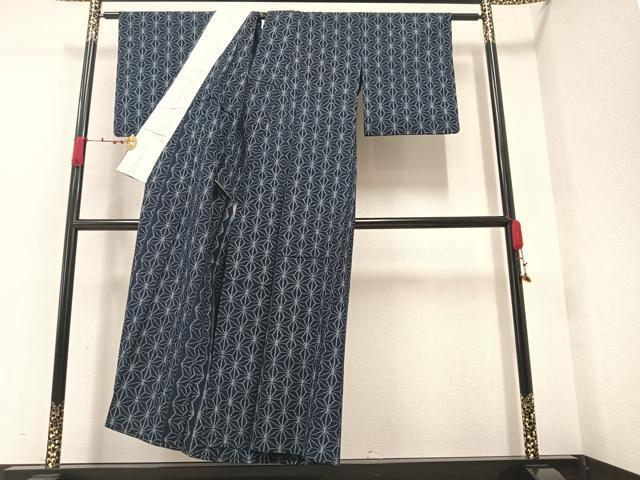 平和屋着物▽久留米絣 単衣 創作藍染 麻の葉文様 野村織物謹製 反