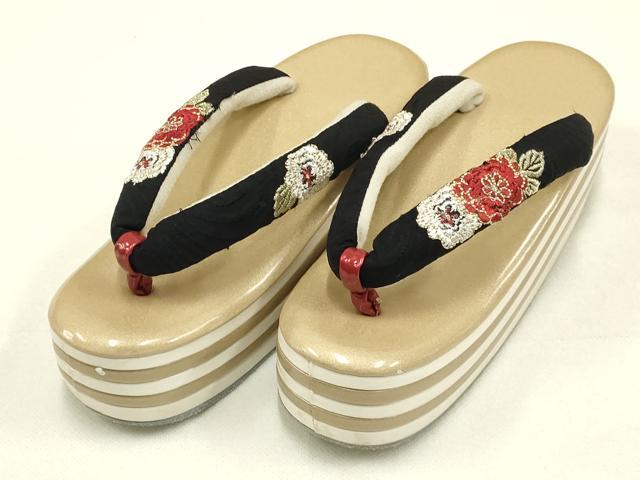 平和屋着物▼和装小物　和装草履　厚底草履　段重ね　刺繍　花　金糸　逸品　AAAW0883ay