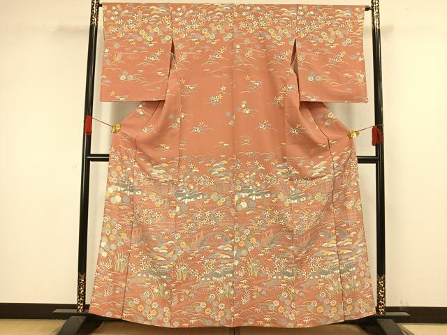 平和屋着物▽訪問着　単衣　風景草花文　正絹　逸品　AAAW1261fy 平和屋着物▽訪問着 単衣 風景草花文 正絹 逸品 AAAW1261fy