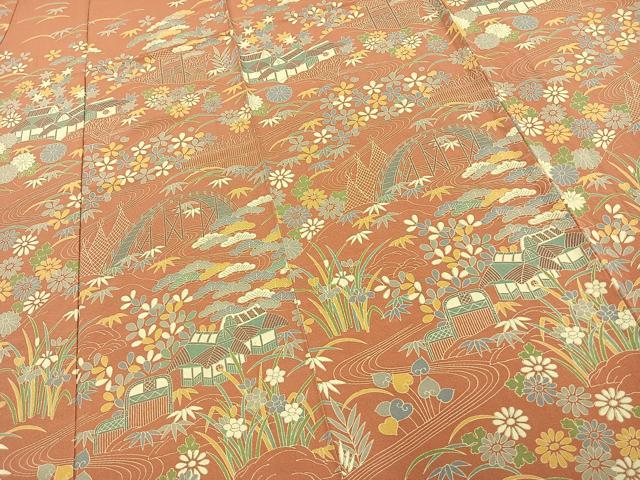 平和屋着物▽訪問着　単衣　風景草花文　正絹　逸品　AAAW1261fy 平和屋着物▽訪問着 単衣 風景草花文 正絹 逸品 AAAW1261fy