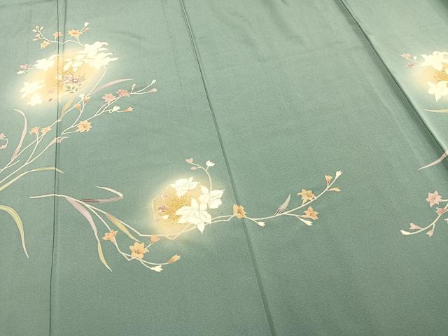 平和屋着物▽訪問着 単衣 駒刺繍 草花文 暈し染め 金彩