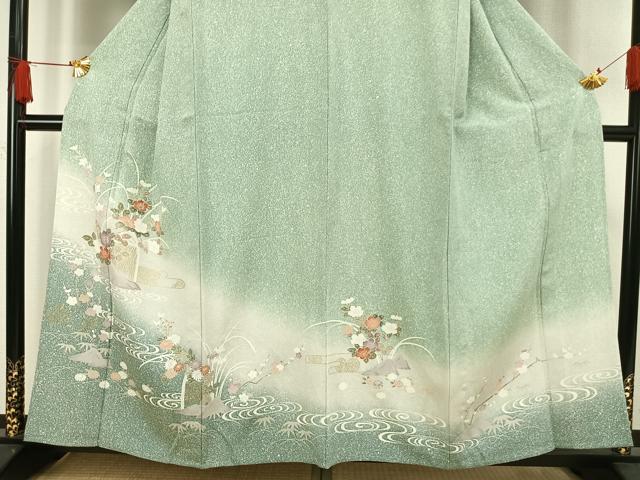 平和屋着物▽訪問着　単衣　風景草花文　たたき染め　金彩　正絹　逸品　AAAW1285fy 平和屋着物▽訪問着 単衣 風景草花文 たたき染め 金彩 正絹 逸品