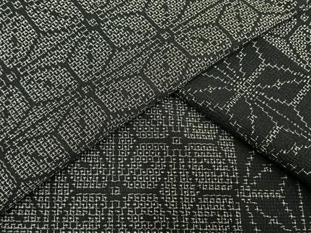 平和屋着物▽本塩沢　単衣　110亀甲　麻の葉文様　黒地　反端付き　正絹　逸品　未使用　AAAW1310fy
