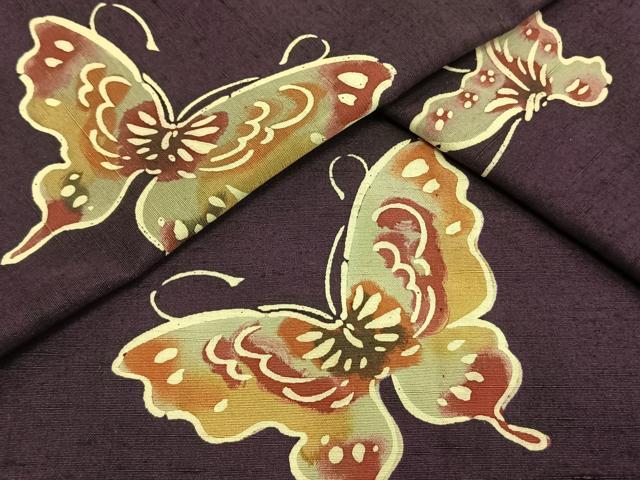 平和屋着物▽上質な小紋　単衣　紬地　型染め　舞蝶文　正絹　逸品　AAAW1320fy