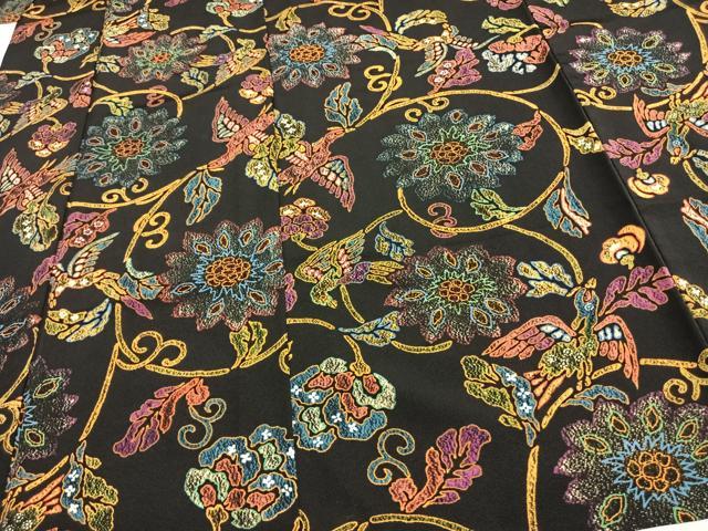 平和屋着物▽上質な小紋 単衣 型染め 花鳥文 黒地 正絹 逸品