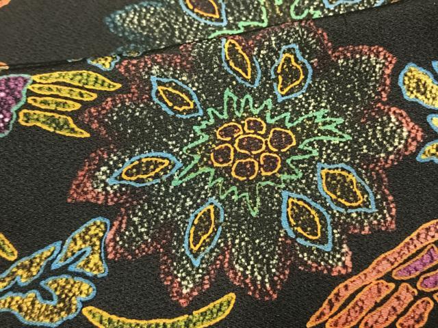 平和屋着物▽上質な小紋 単衣 型染め 花鳥文 黒地 正絹 逸品