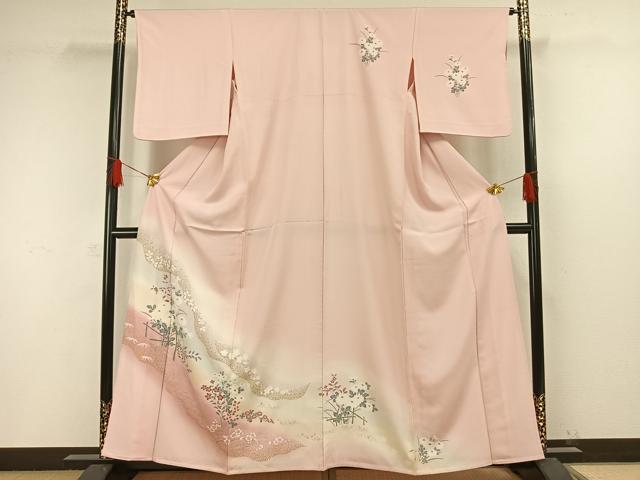 平和屋着物▽訪問着　単衣　友禅　草花文　金銀彩　正絹　逸品　AAAW1354fy