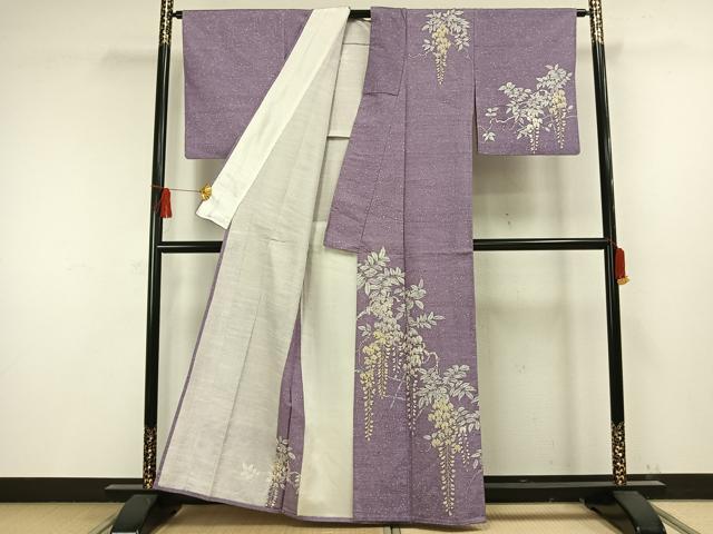 平和屋着物▽訪問着 単衣 紬地 型染め 藤花房 正絹 逸品