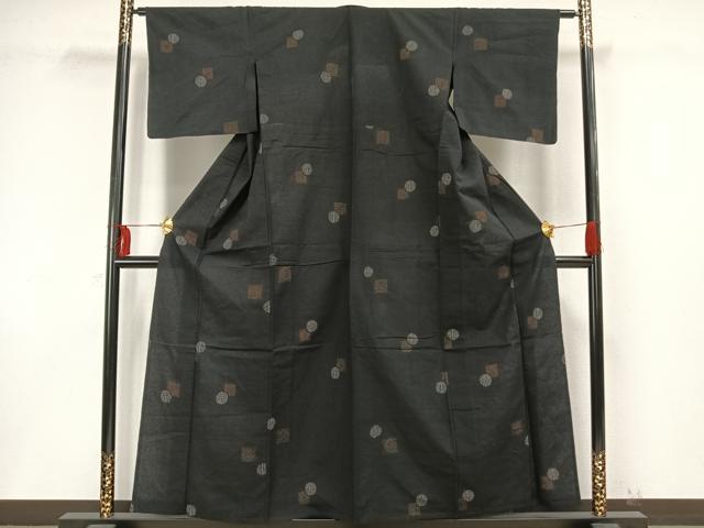 平和屋着物▽上質な紬 単衣 幾何学文様 黒地 正絹 逸品 AAAW1375fy