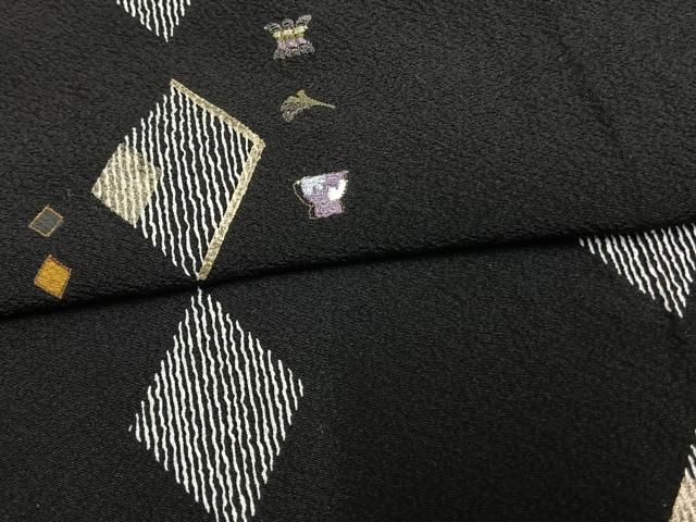 平和屋着物▽訪問着 単衣 刺繍 菱文 黒地 金糸 金彩 正絹 逸品