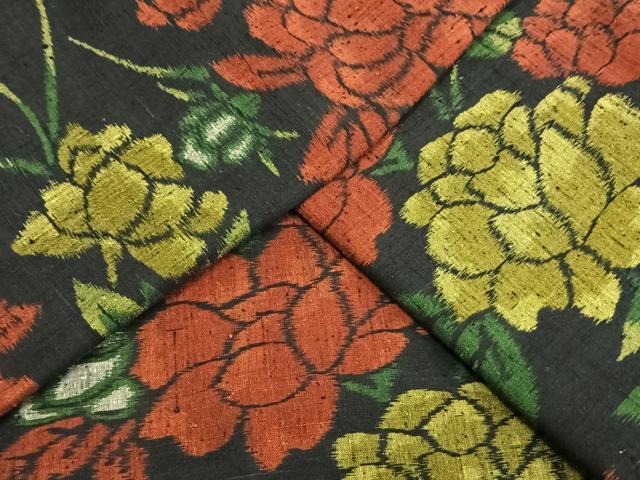 平和屋着物▽上質な紬　単衣　草花文　正絹　逸品　AAAW1401fy