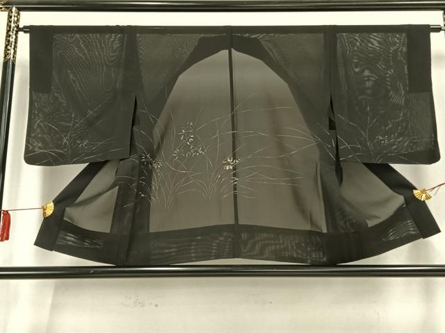 平和屋着物▽羽織 絽 スリーシーズン 春夏秋 塵除け 草葉文 黒地 