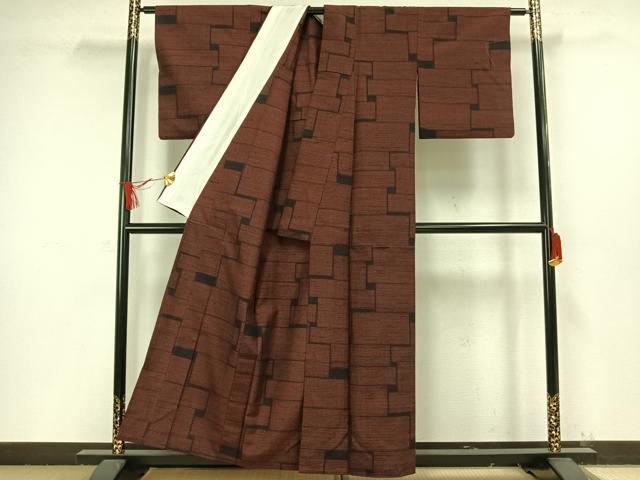 平和屋着物▽結城紬 単衣 80亀甲 色紙文 正絹 逸品 AAAW1417fy