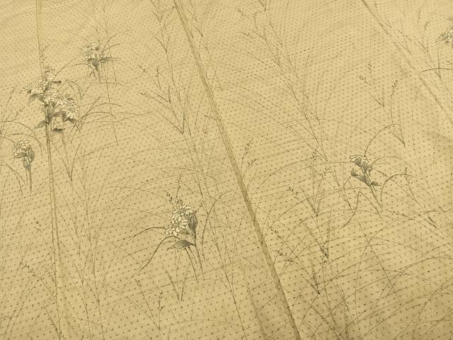平和屋着物▽訪問着 単衣 紬地 手描き 草花文 正絹 逸品 AAAW1436fyの