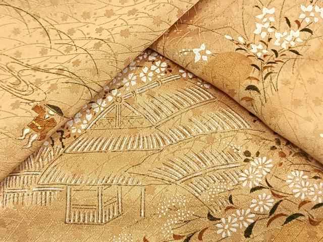 平和屋着物▽上質な小紋　単衣　人物風景文　金彩　正絹　逸品　AAAW1492fy