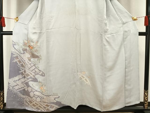 平和屋着物▽訪問着　単衣　草花文　金糸　金彩　正絹　逸品　AAAW1272fy 平和屋着物▽京加賀糸目友禅作家 山崎巌 訪問着 単衣 手描き 草花文