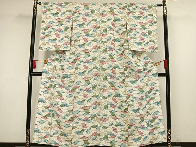 平和屋着物▽上質な小紋　単衣　型染　流水舞葉文　正絹　逸品　DAAV9665sf 平和屋着物▽上質な小紋 単衣 型染 流水舞葉文 正絹