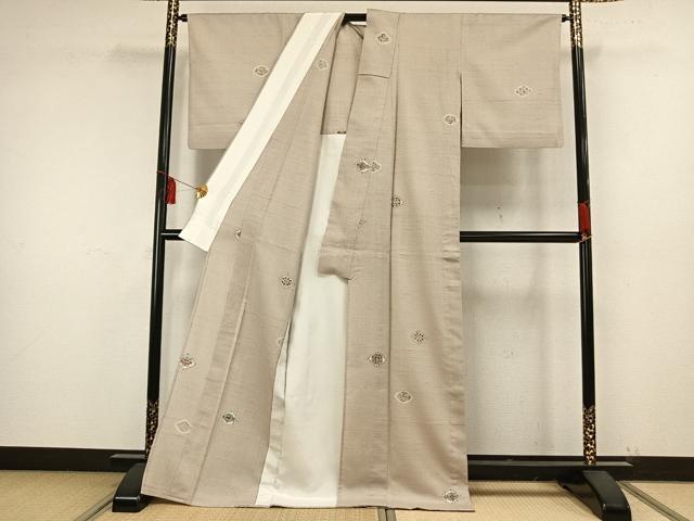 平和屋着物▽お召 単衣 紬地 絞り 幾何学文様 ロング丈 正絹