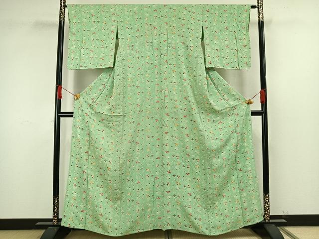 平和屋着物▽上質な小紋 単衣 型染め 花鳥文 鬼しぼ縮緬