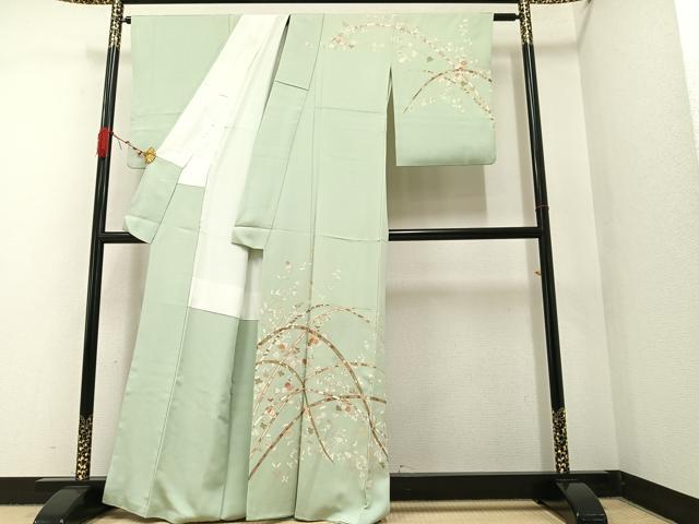 平和屋着物○訪問着 紬地 型染め 流水舟草花文 正絹 逸品