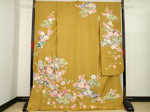 平和屋着物●創業460年・千總　振袖　駒刺繍　松取り花文　金彩　ロング丈　正絹　逸品　AAAW3998ck