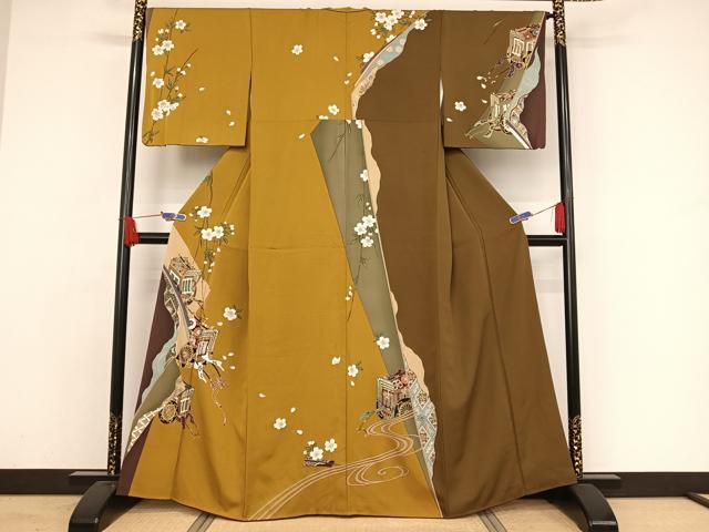 平和屋着物●訪問着　駒刺繍　御所車花文　金糸　金彩　正絹　逸品　AAAW4056np