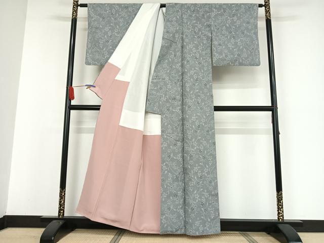 平和屋着物▽本真綿紬 小千谷紬 単衣 草花文 反端付き