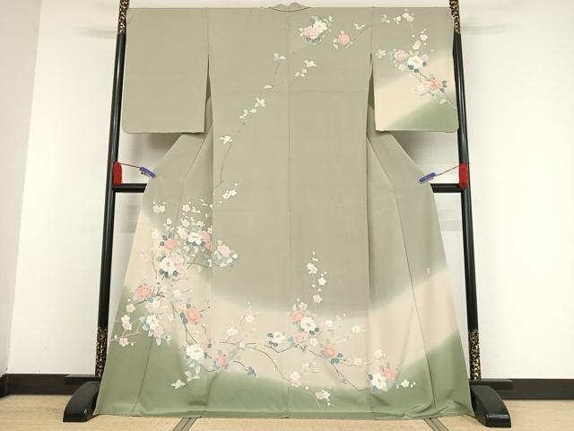 平和屋着物●訪問着　友禅　作家物　枝花文　暈し染め　ロング丈　正絹　逸品　AAAW4093np