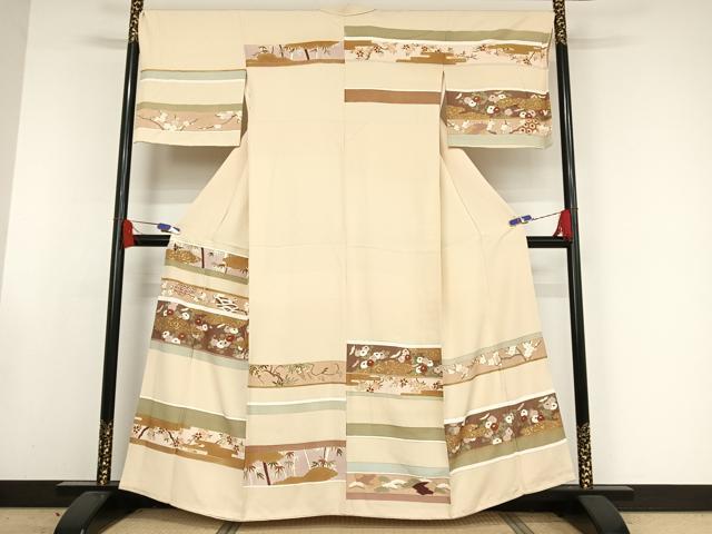 平和屋着物●訪問着　駒刺繍　横段草花文　金糸　金彩　正絹　逸品　AAAW4185np