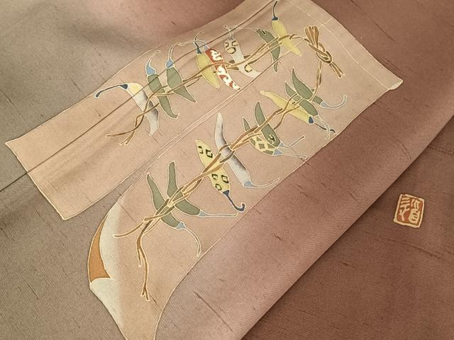 平和屋着物●訪問着　紬地　友禅　作家物　几帳文　唐辛子　暈し染め　正絹　逸品　AAAW4210np 平和屋着物○訪問着 紬地 友禅 作家物 几帳文 唐辛子 暈し