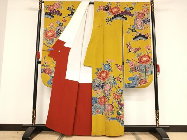 平和屋着物○紅型 振袖 鴛鴦花蝶文 鬼しぼ縮緬 正絹 逸品 AAAW4262npの